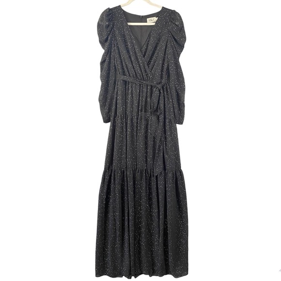 Eliza J Maxi Dress 6 Black Long Puff Sleeve Faux Wrap Studded Chiffon V-Neck - Picture 2 of 14